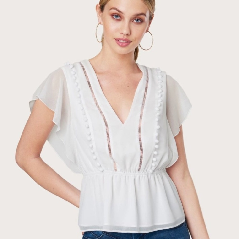 Bebe Pom Ruffle Drop Waist White Blouse Chiffon Top V-Neck Sheer Work Career